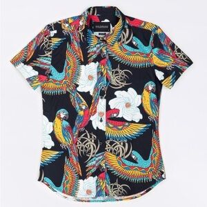 Wildfang Black Short-Sleeve Button-Down Shirt with Multicolor Parrot Print